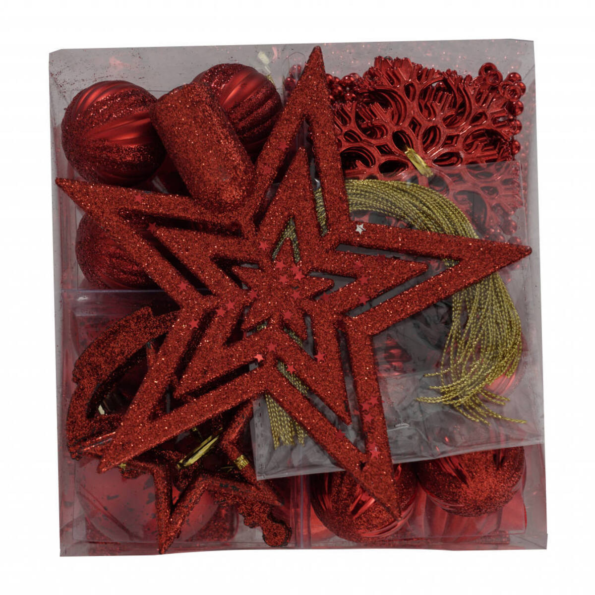 Box 50 pezzi decorazioni natalizie multi-forma, Ornamenti e Puntale, Set assortimento palline di Natale, Scatola set albero di Natale, Da 4 a 7 cm, colore Rosso