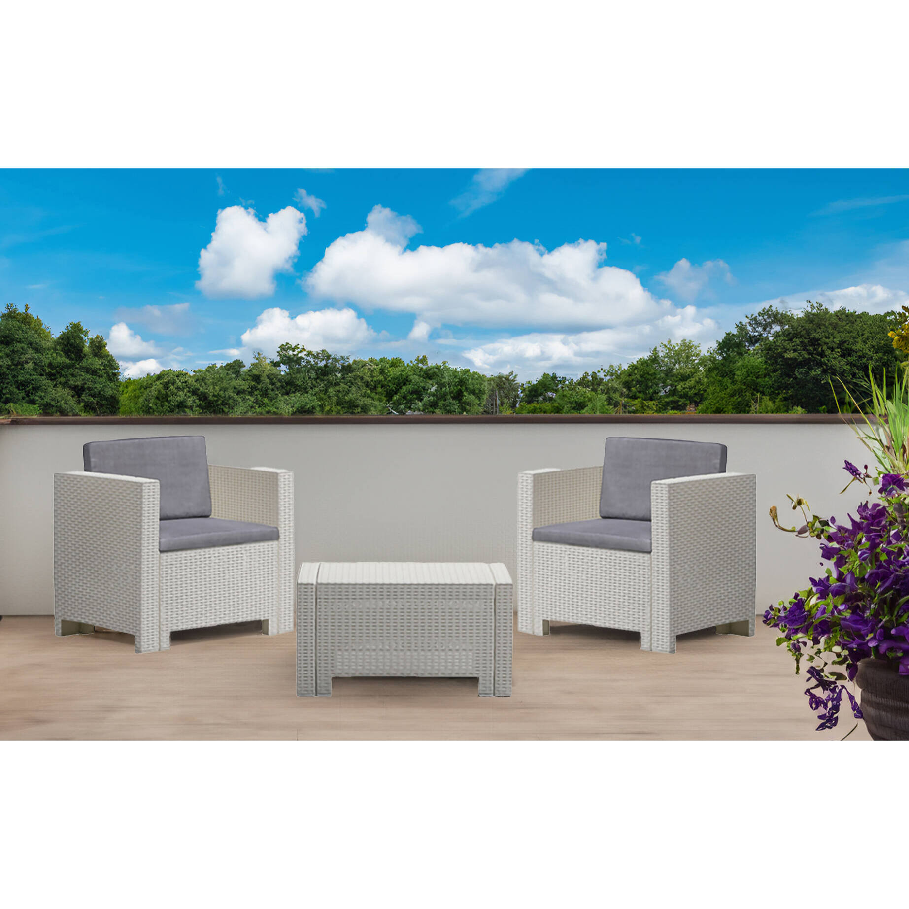 Set salotto da esterno Camini, Salottino outdoor, Set da balcone o giardino, Composizione soggiorno per esterni, Made in Italy, Bianco