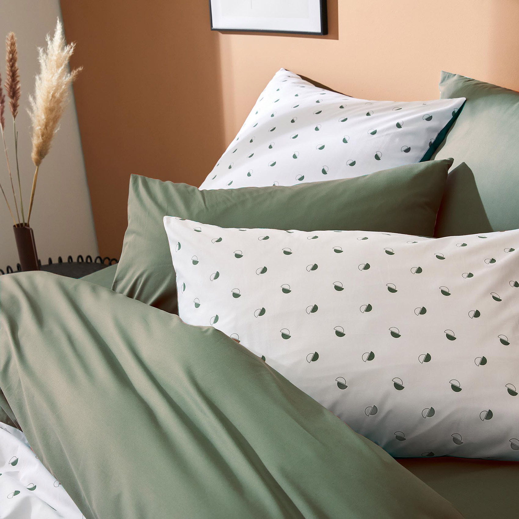 Housse de couette en percale au style géométrique - Vert Olive