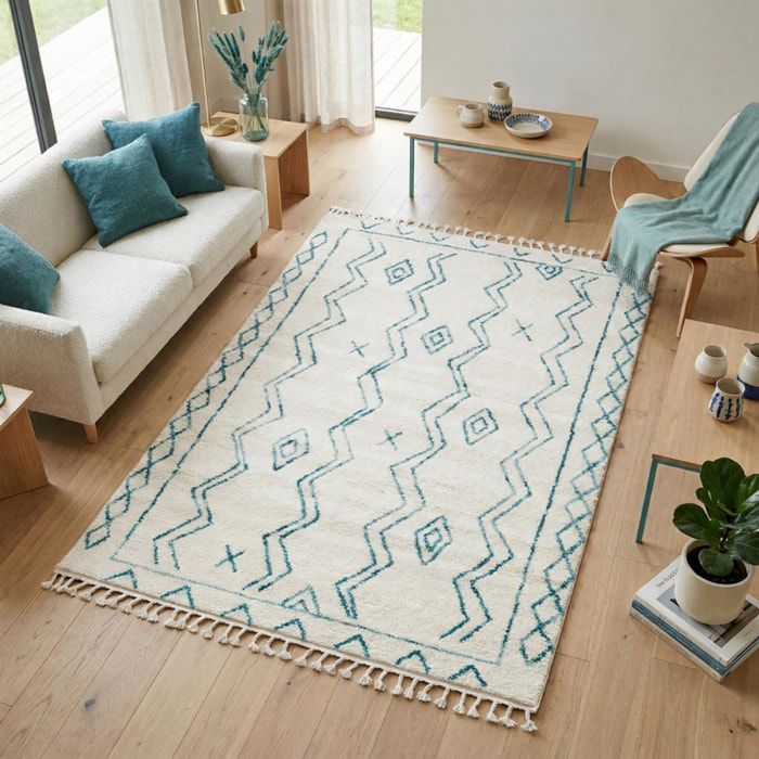 Tapis Manu crème et vert motif traditionnel berbère