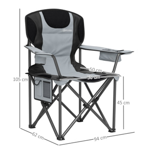 Chaise de camping pliante rembourrée - porte-gobelets, poches latérales rangement, sac isotherme - sac transport inclus - gris noir
