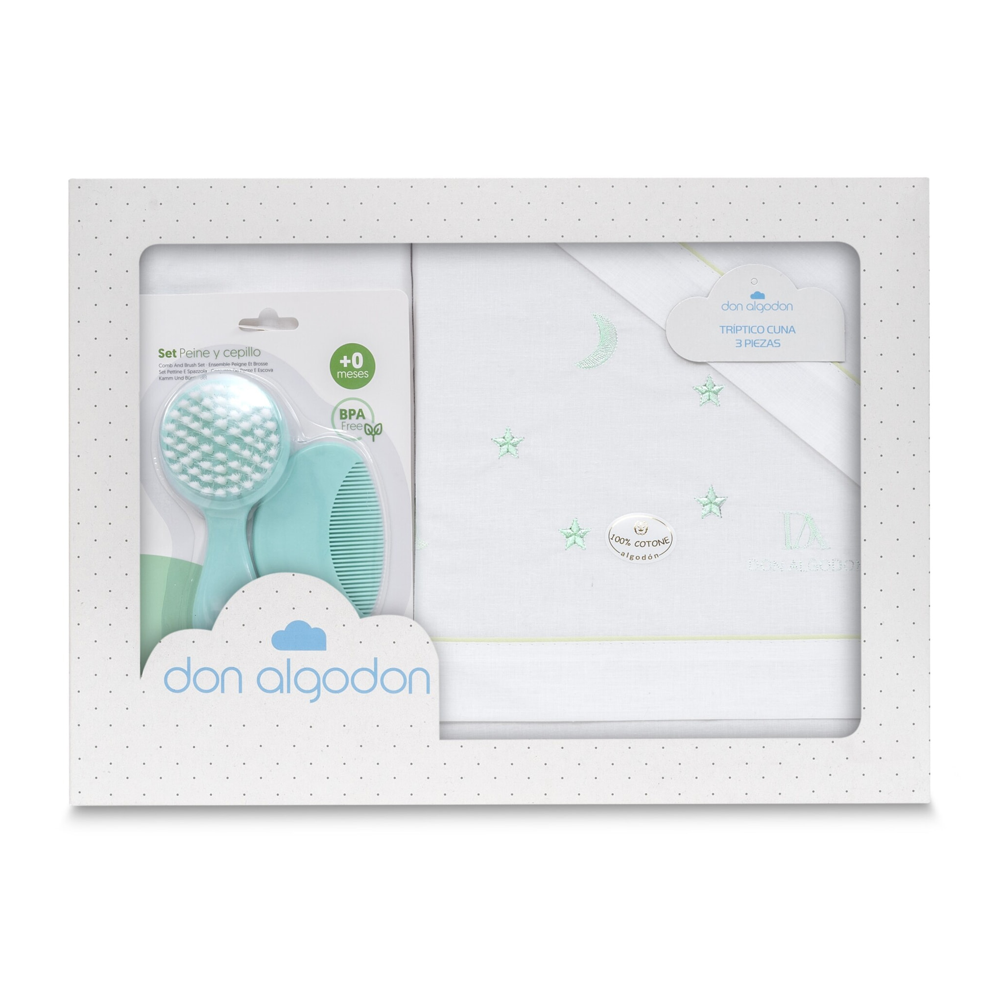 Triptico Cuna 100% Alg Don Algodon Estrellas Luna+ Peine y Cepillo Bco/Verde