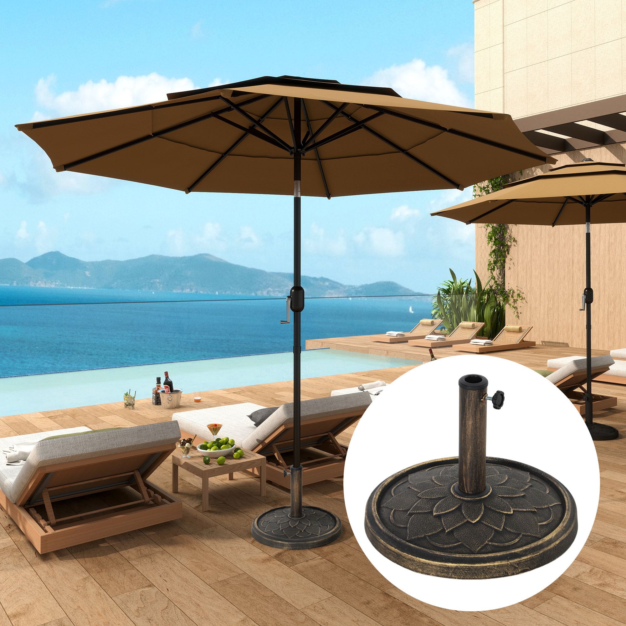 Pied de parasol rond résine imitation fonte motif fleur antique dia. 46 cm poids net 12 Kg bronze