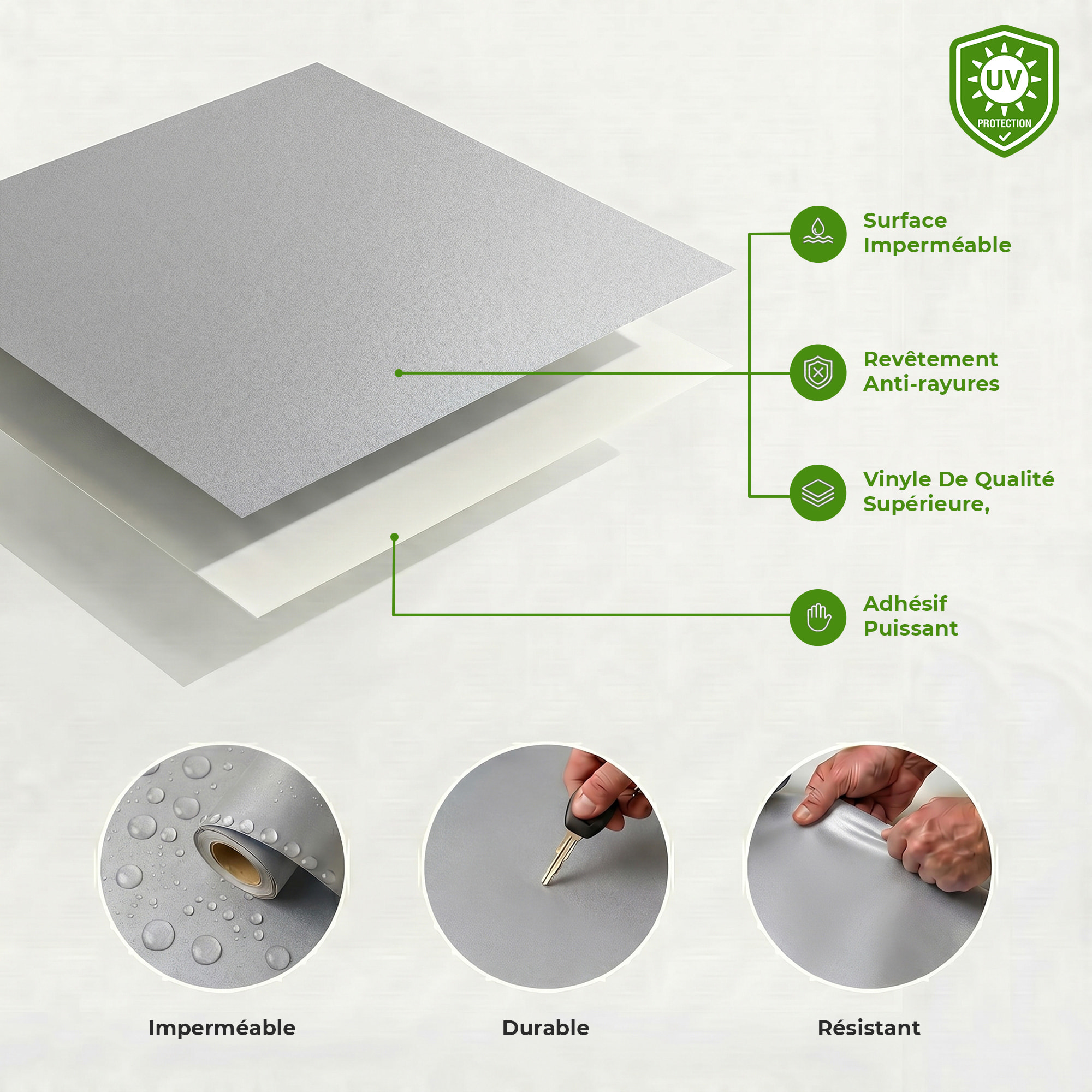 Rouleau adhésif décoratif Vinyle au Mètre - Argent - Sticker Lavable Imperméable Mur Cuisine Meubles