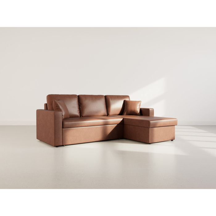 Cyrus - Canapé d'angle réversible 4 places - convertible avec coffre - en simili - Cognac