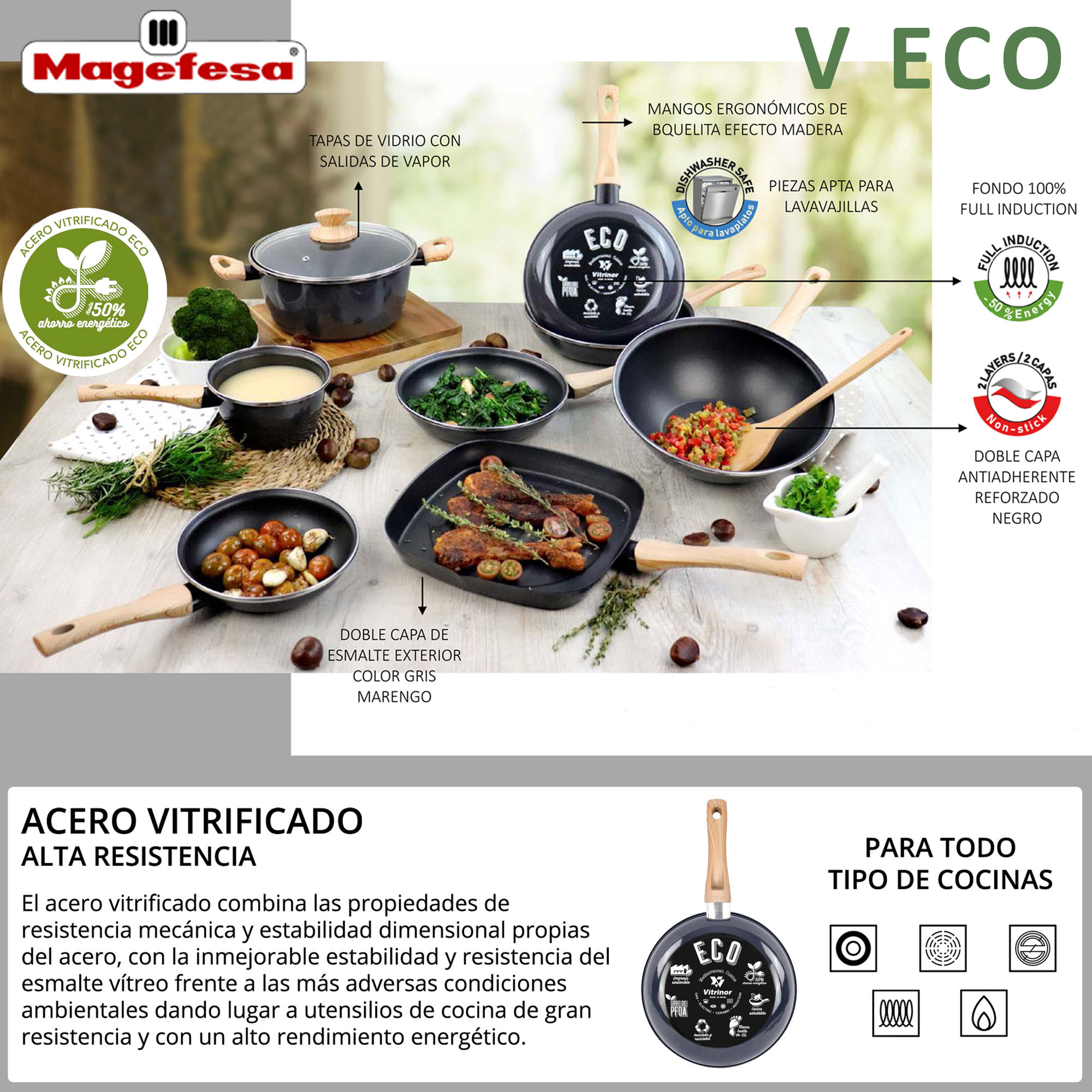 Magefesa colección V ECO COOKING Sartén 26 cm, en acero esmaltado vitrificado ECO, apto inducción y lavavajillas