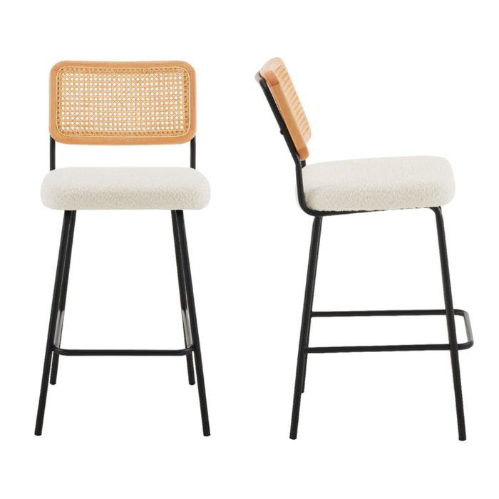 Lot de 2 chaises de bar en cannage et tissu bouclé, piètement noir - MUSE