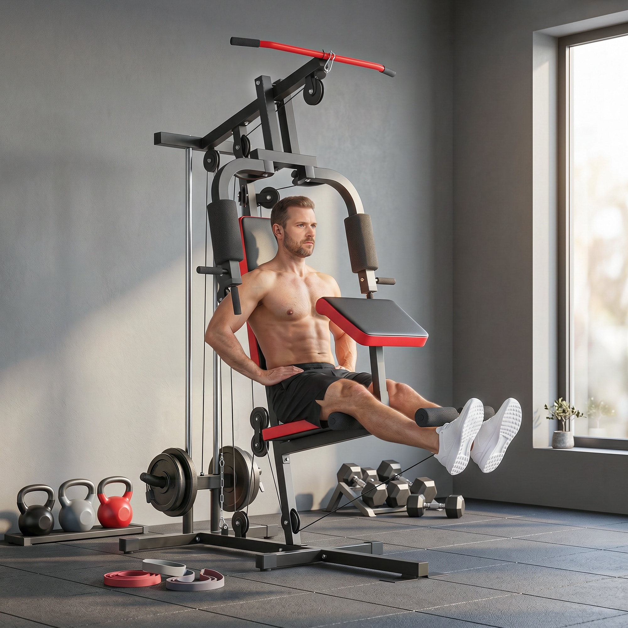 Multiestación Musculación, Máquina de Musculación con Polea Alta y Baja, Prensa de Pecho, Curl de Piernas y Bíceps, Mariposa, Compatible con Discos 25 y 50 mm Carga 120 kg para Gimnasio Casa