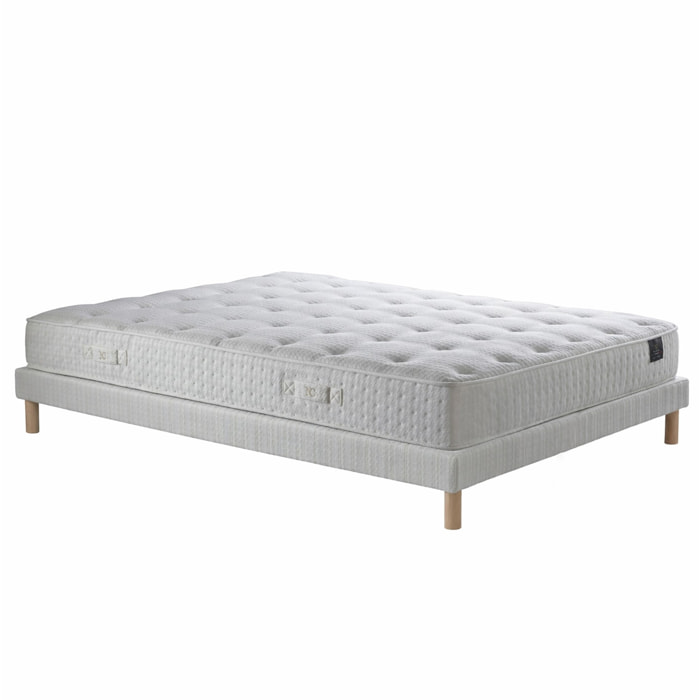 Ensemble matelas ressorts PULSAR, mémoire de forme, H27 cm, sommier blanc pieds de poules