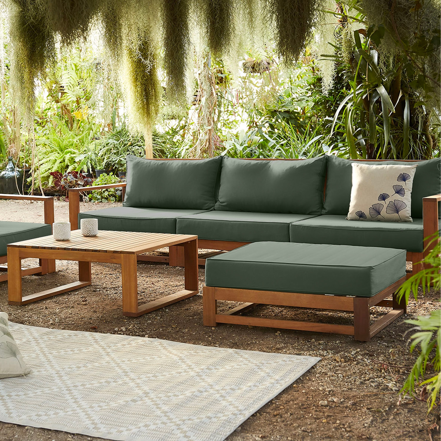 Salon de jardin en bois 5 places - kaki. canapé. fauteuils et table basse en acacia. 6 éléments modulables. 273 x 75 x 72.5cm