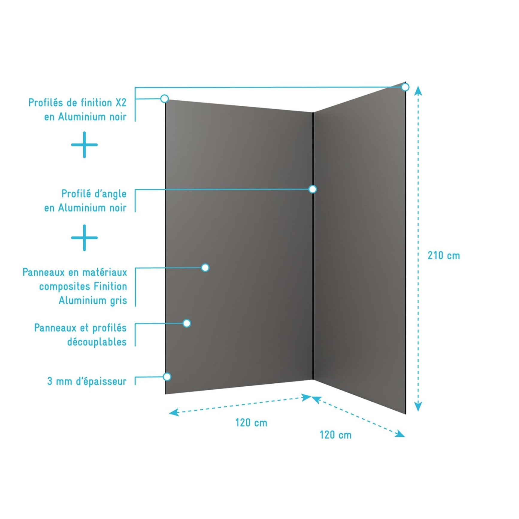 Pack 2 Panneaux Muraux en Aluminium Gris 120x210 cm + Profilés Noir