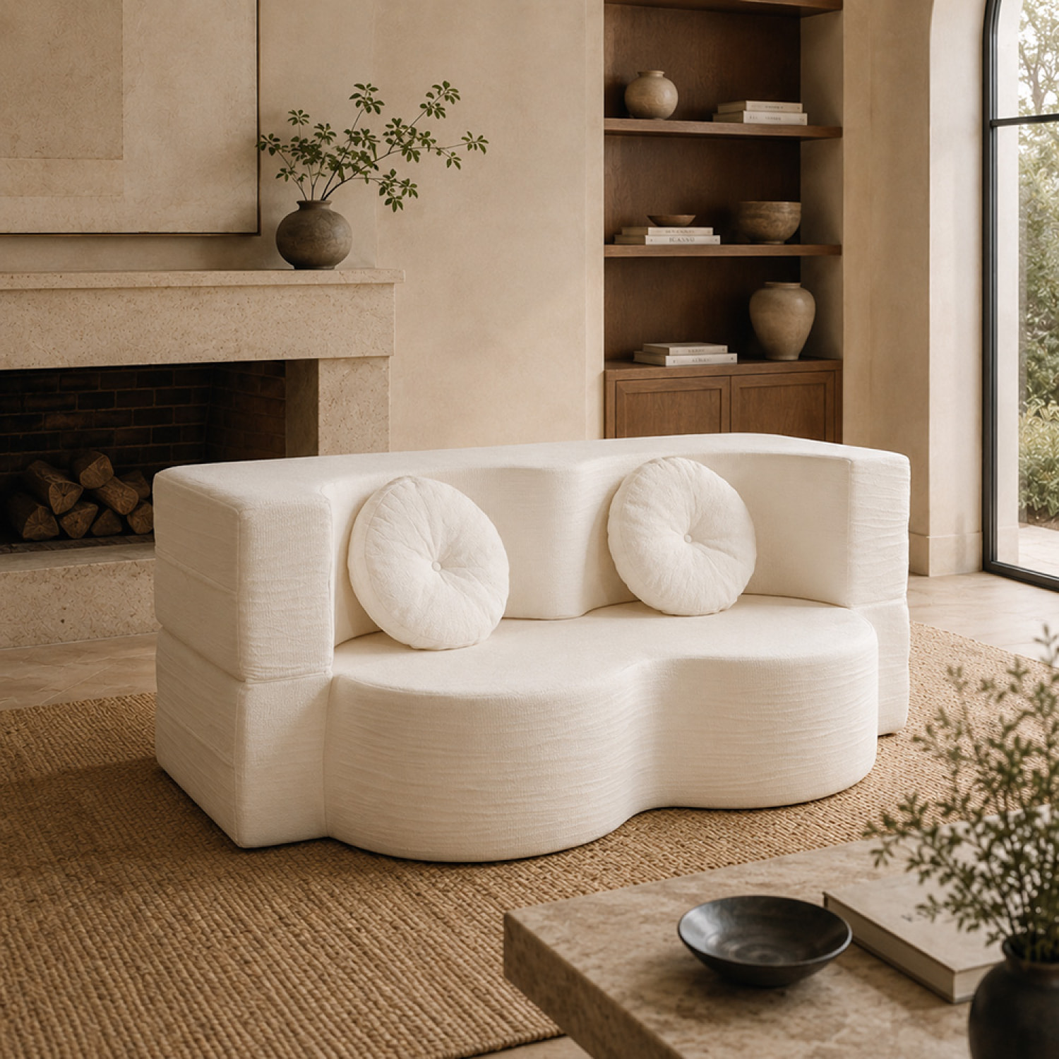 Canapé compressé convertible 2 places en velours beige SHEAF