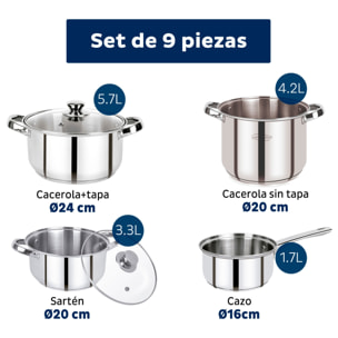 Set 9pc bateria cocina acero inox ind lexia