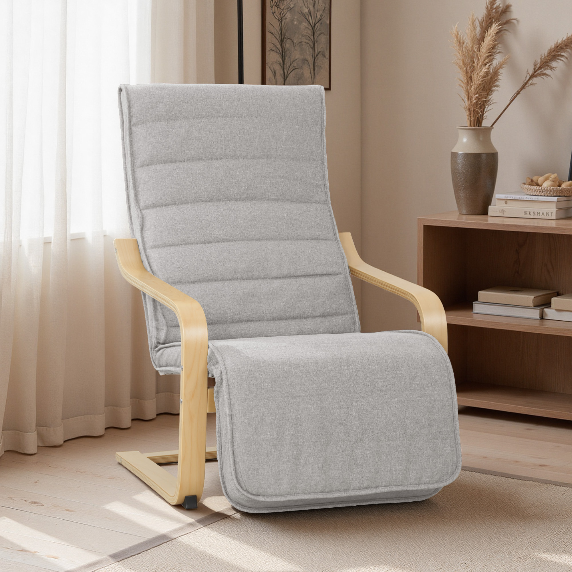 Sillón de Salón con Reposapiés Ajustable, Butaca de Salón Tapizada en Lino Sintético con Marco de Madera, Sillón de Relax para Dormitorio, Oficina, Estudio, 66,5x94x100 cm, Gris Claro