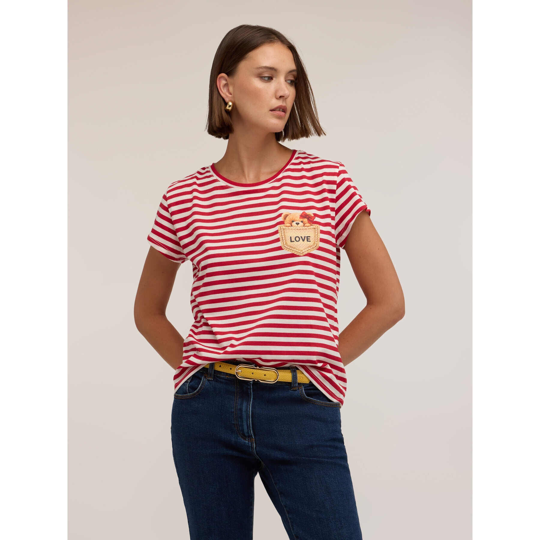 Motivi - T-shirt a righe con applicazione orsetto - Rosso