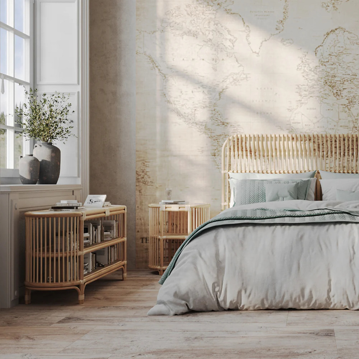 Console 140 cm en rotin naturel avec étagères - Marthe