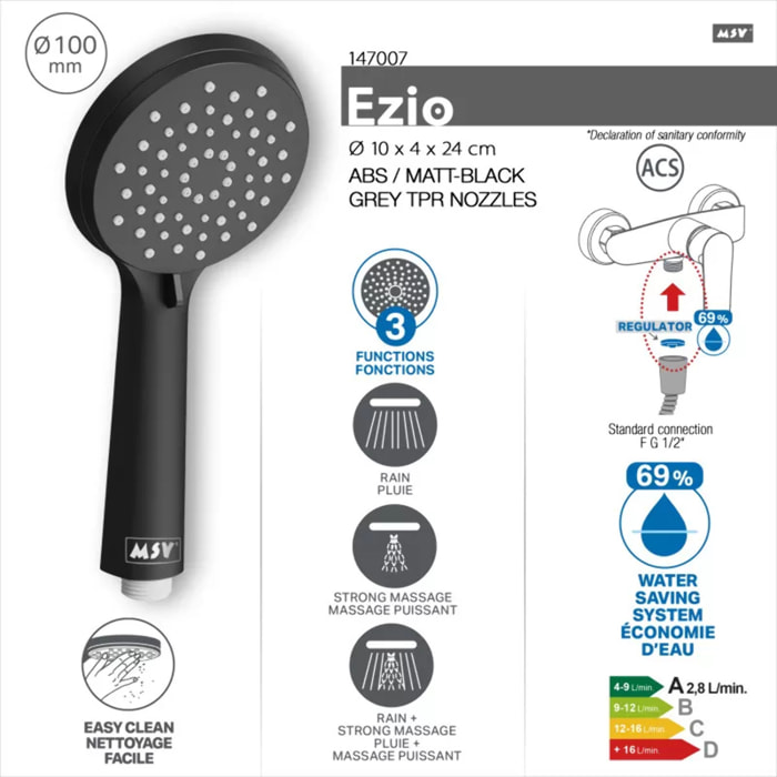 Pommeau de douche MSV Ezio Noir matt – 3 fonctions – Économie d'eau 69 % – Ø 100 mm