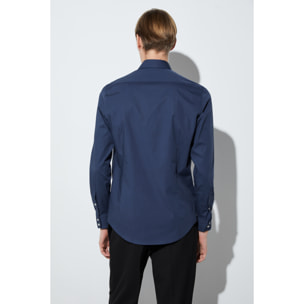 Camicia Uomo 1 Bottone Button Down Slim Popeline Stretch Unito Blu