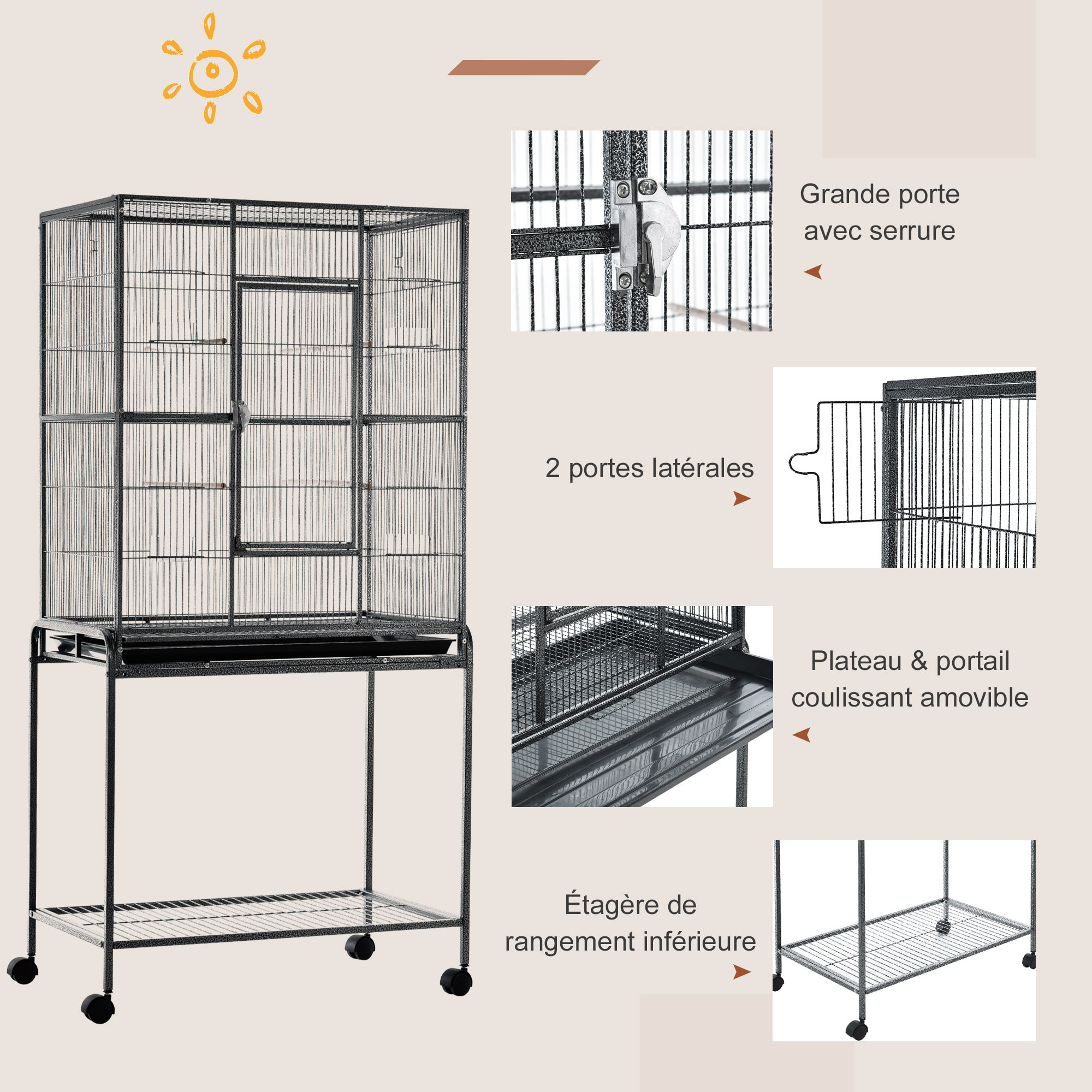Cage à oiseaux portable avec 4 mangeoires et 4 perchoirs pratique 81 x 48 x 162 cm noir et gris