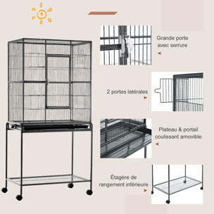 Cage à oiseaux portable avec 4 mangeoires et 4 perchoirs pratique 81 x 48 x 162 cm noir et gris