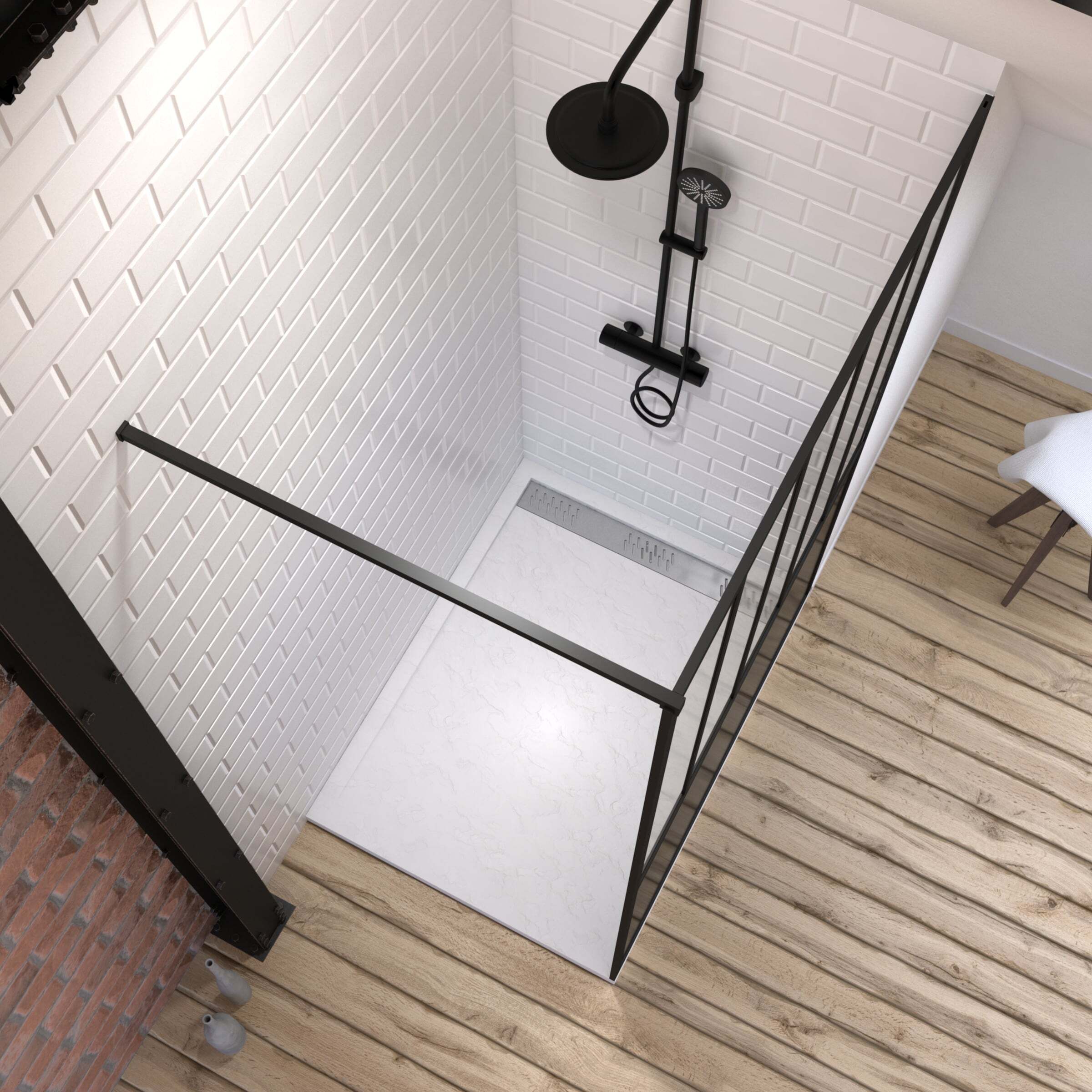 Pack Paroi de douche 120x200 cm noir mat + Receveur extra plat à poser blanc - caniveau
