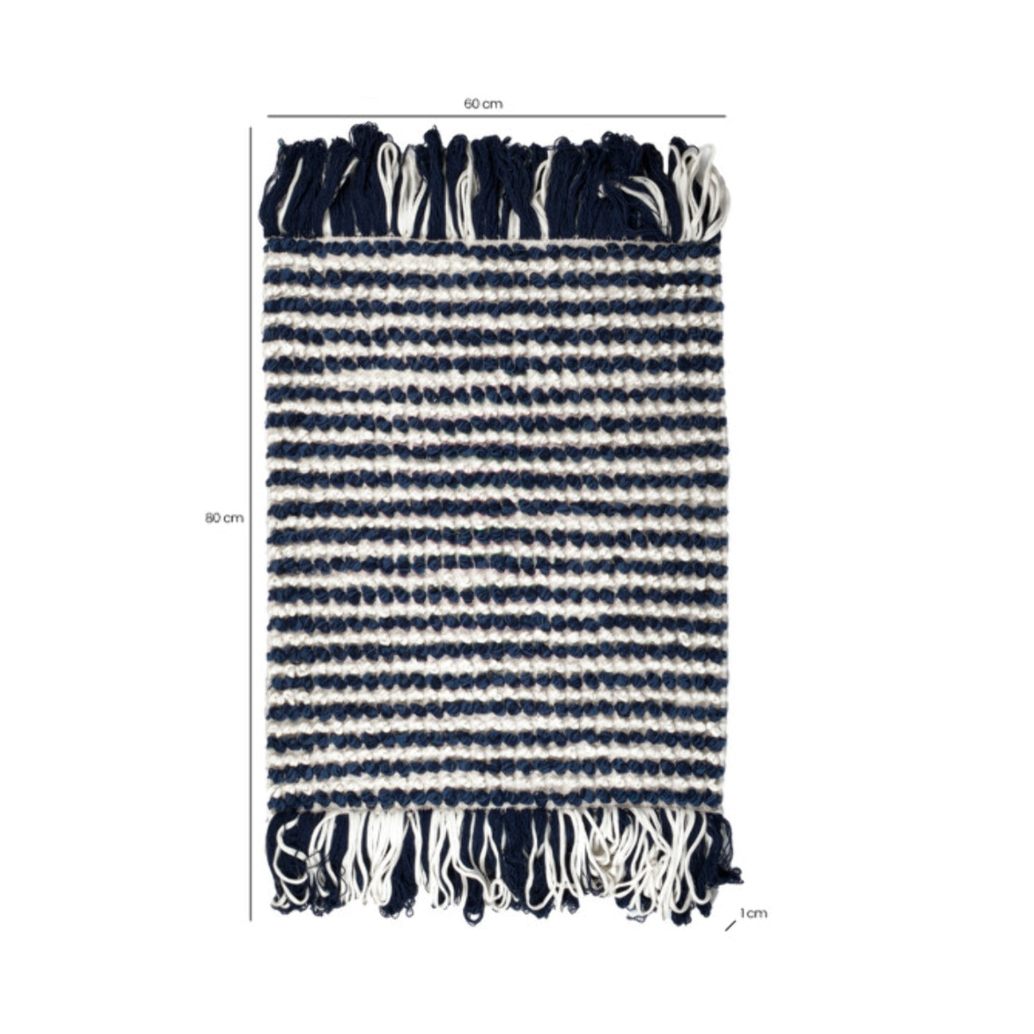 Tapis 60 x 80 cm tissu texturé petits pompons avec franges bicolores - MARINE