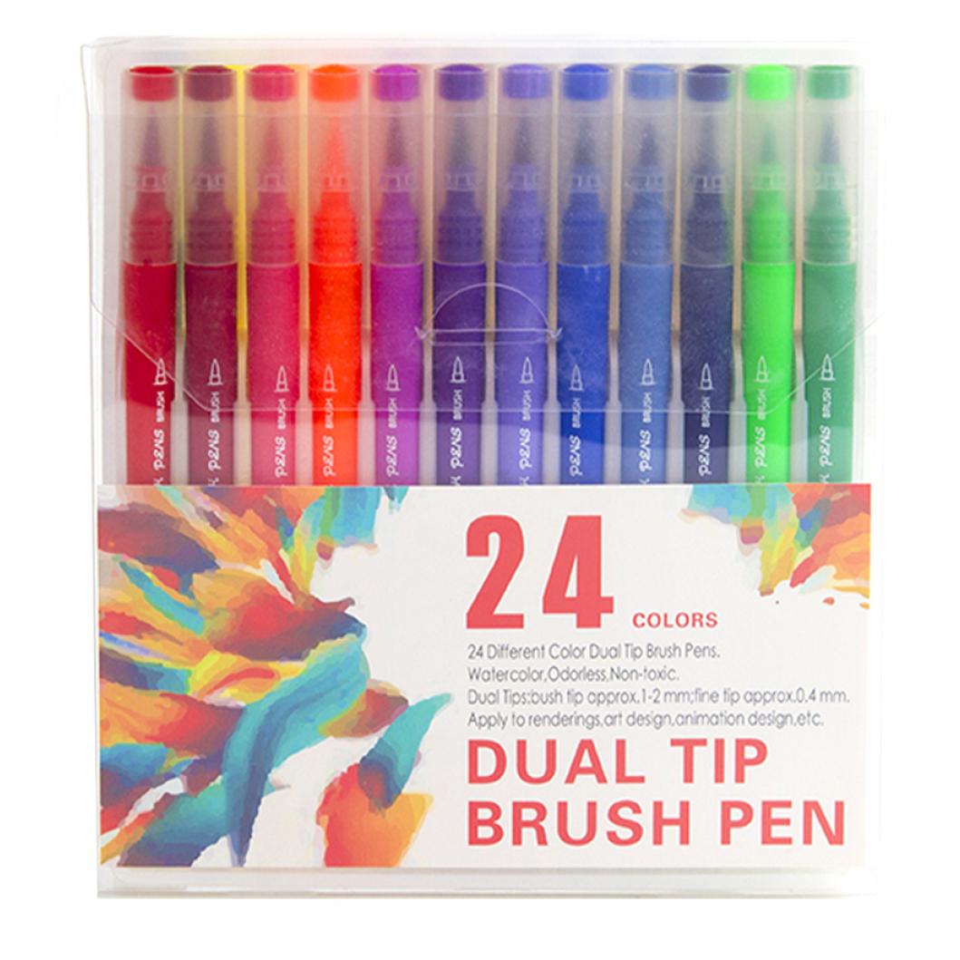 Set 24 Rotuladores color doble punta, punta fina 0,4 mms y punta pincel acuarelable profesional. Forma triángular ergonómica para lettering, caligrafía, ilustraciones…