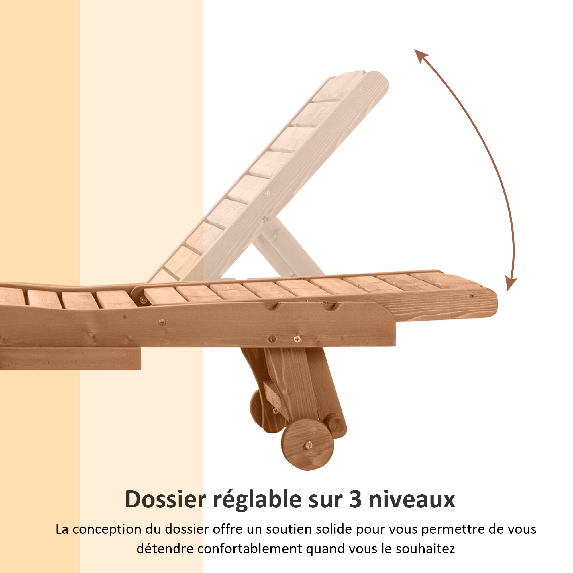 Bain de soleil transat style colonial dossier réglable 3 positions roulettes tablette support bois sapin pré-huilé