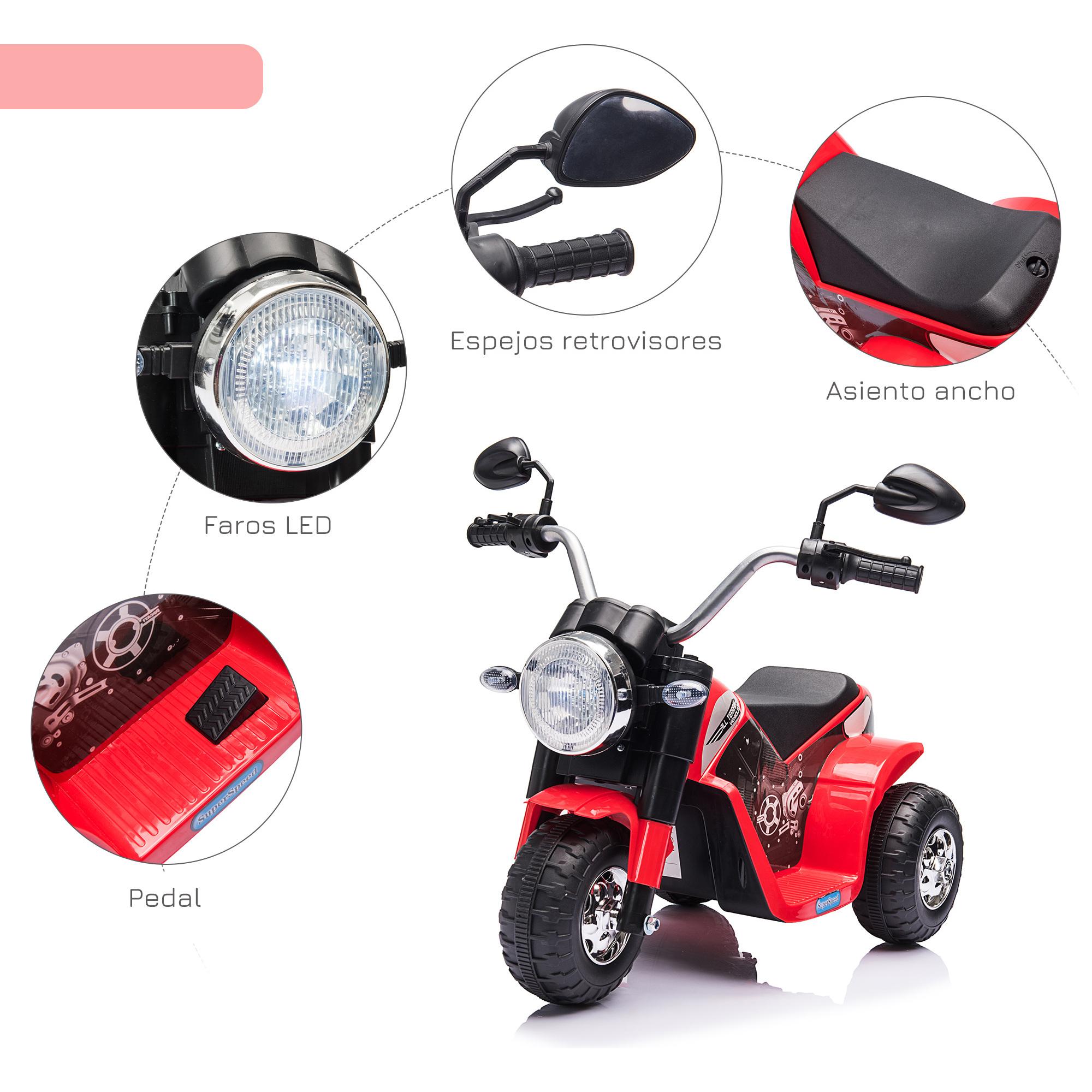 Moto Eléctrica Infantil con 3 Ruedas Triciclo a Batería 6V para Niños de 18-36 Meses con Faro Bocina Velocidad 2 km/h 72x57x56 cm Rojo