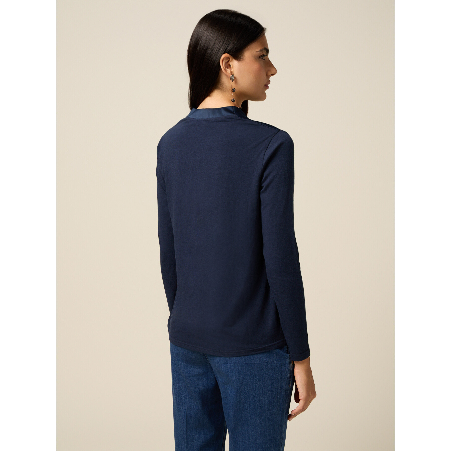 Oltre - T-shirt bimaterica con scollo a V - Blu