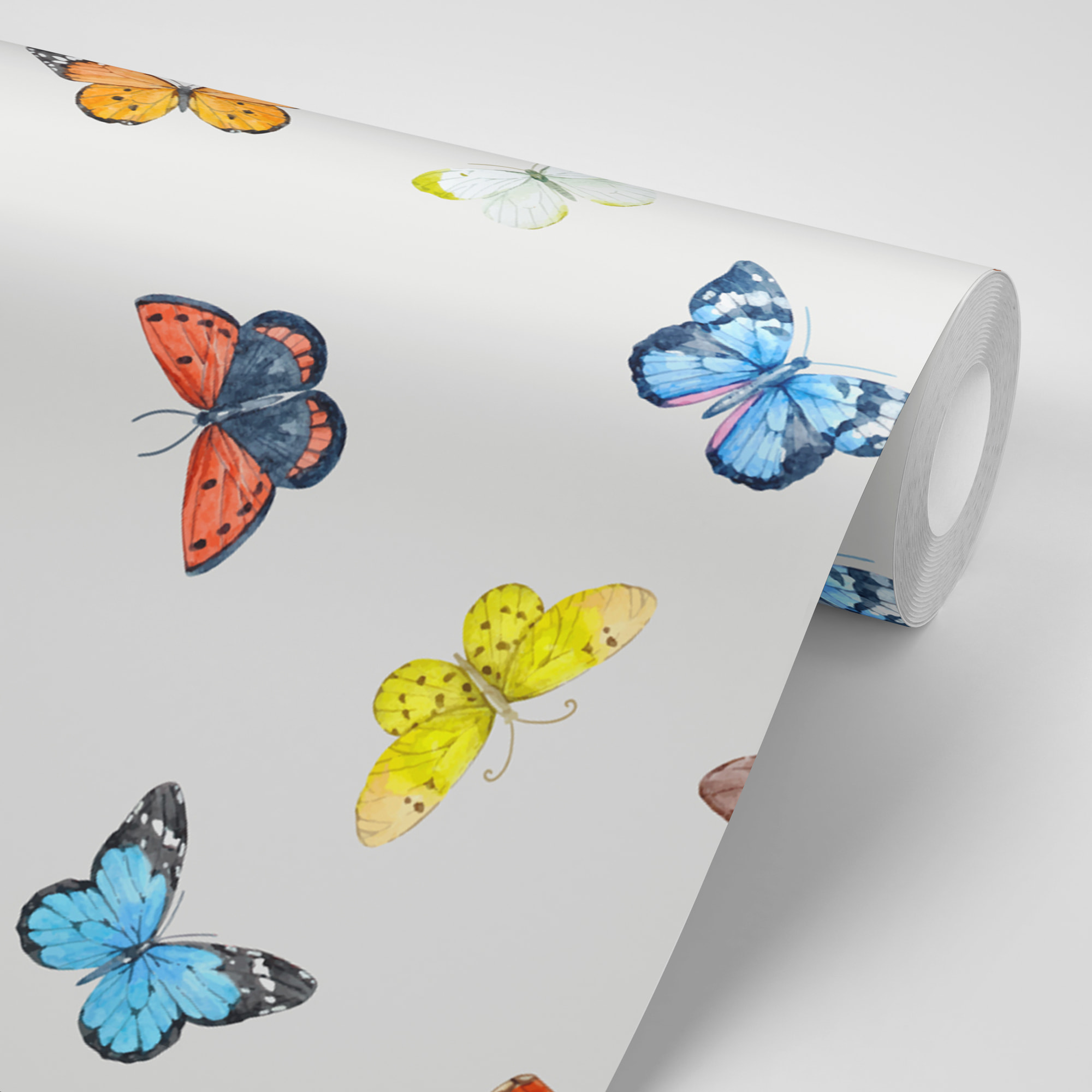 Papel pintado CERAMIKO, Mariposas con fondo color gris claro 65x300 cm