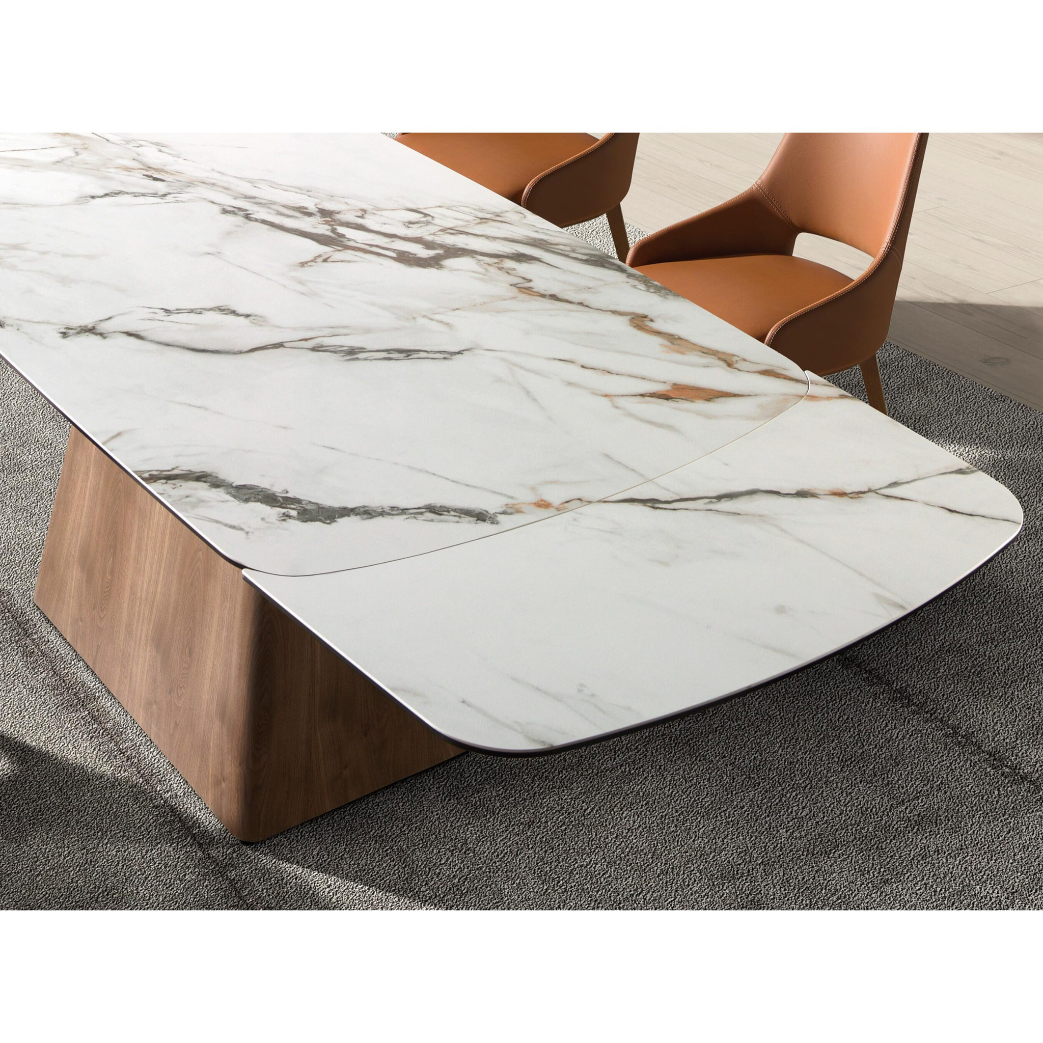 Mesa comedor extensible rectangular con tapa de mármol porcelánico en blanco con vetas marrones en acabado mate 180x100x78cm