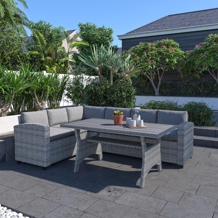 Salon de jardin d'angle 6 places en résine tressée grise avec table PRAIA