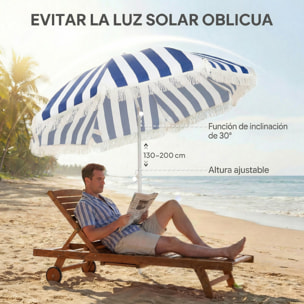 Sombrilla de Playa con Flecos Ø180 cm, Sombrilla de Terraza Exterior con Altura Ajustable, Inclinación 30°, Anclaje Arena y Bolsa de Transporte, Azul y Blanco