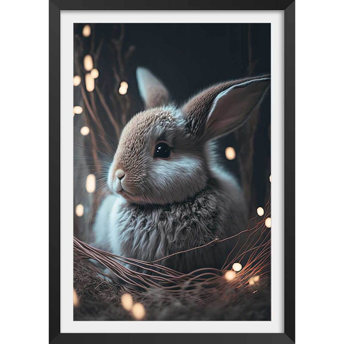 Affiche enfant lapin dans le nid  Affiche + cadre en bois - Noir