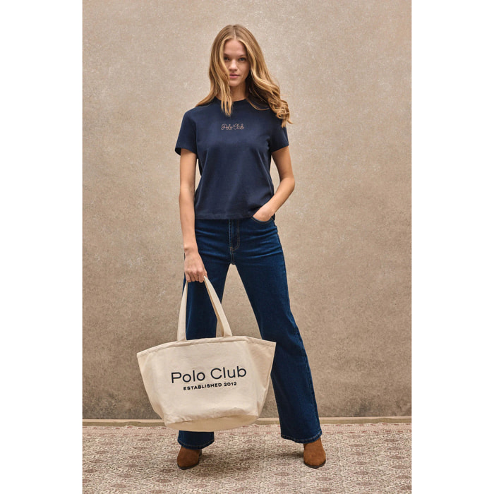 Maglietta blu marino a maniche corte boxy fit, con logotipo con brillantini Polo Club