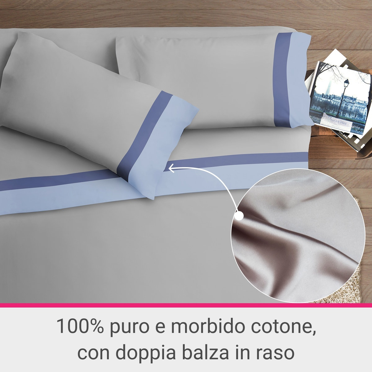 Completo letto doppia balza RASO IPERSAN Puro Cotone Azzurro/Jeans fondo Grigio