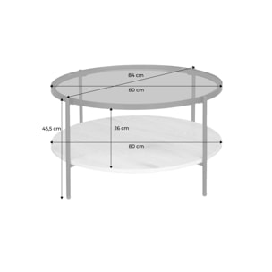 Table basse ronde double plateau verre, décor bois et métal SMOOKY