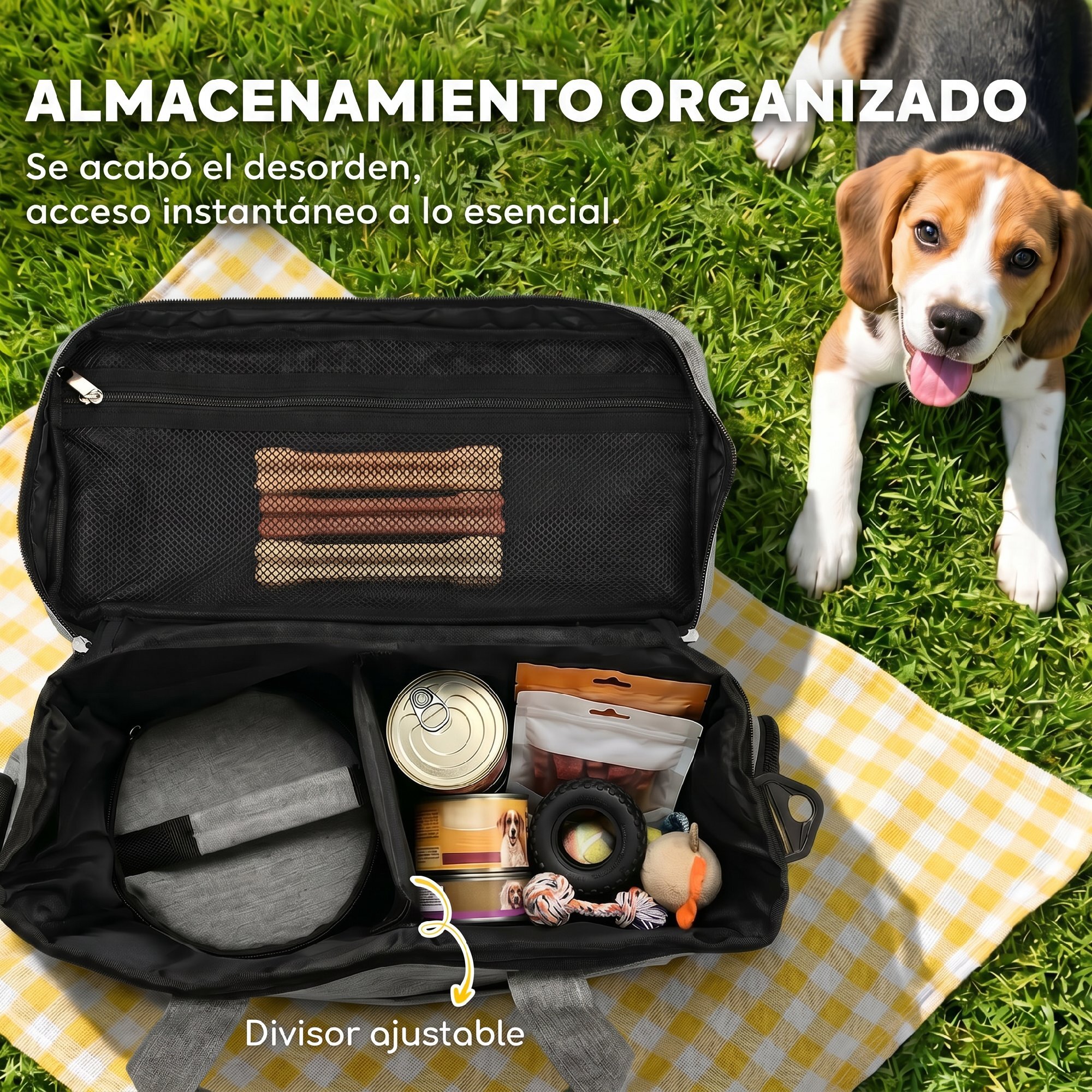 Bolso de Viaje para Perros, Bolsa de Premios con 2 Contenedores de Pienso y Cuenco Plegable de Silicona, Bolsillos, Divisor Ajustable, para Gatos y Cachorros, Portátil y Duradero, Gris Claro