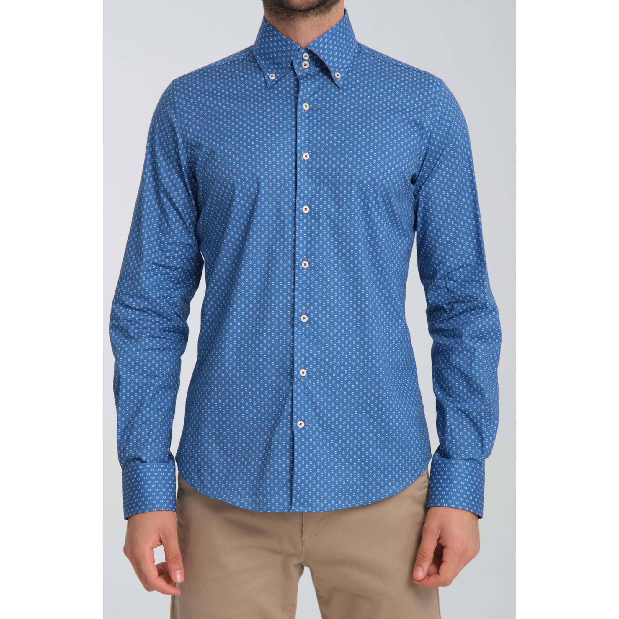 Camicia Uomo 2 Bottoni Button Down Slim Popeline Stretch Stampato Avion e Bianco