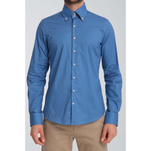 Camicia Uomo 2 Bottoni Button Down Slim Popeline Stretch Stampato Avion e Bianco