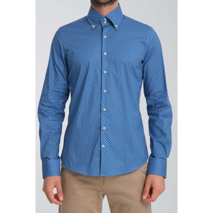 Camicia Uomo 2 Bottoni Button Down Slim Popeline Stretch Stampato Avion e Bianco