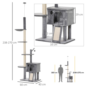 Árbol Rascador para Gatos Altura Ajustable 238-270 cm con Hamaca Cueva Gris