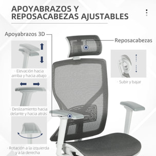 Silla de Oficina Giratoria Silla de Escritorio Ajustable en Altura con Reposabrazos Reposacabezas y Soporte Lumbar Regulables Respaldo Alto 67x65x120-128 cm Gris