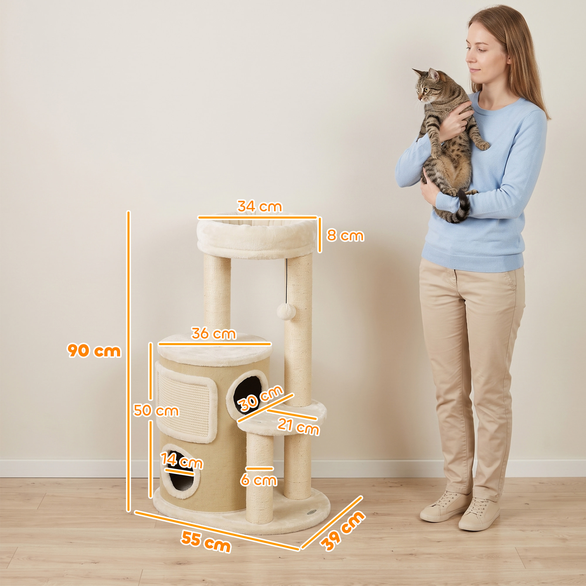 Arbre à chat design beige clair griffoirs grattoirs niche 3 plateformes