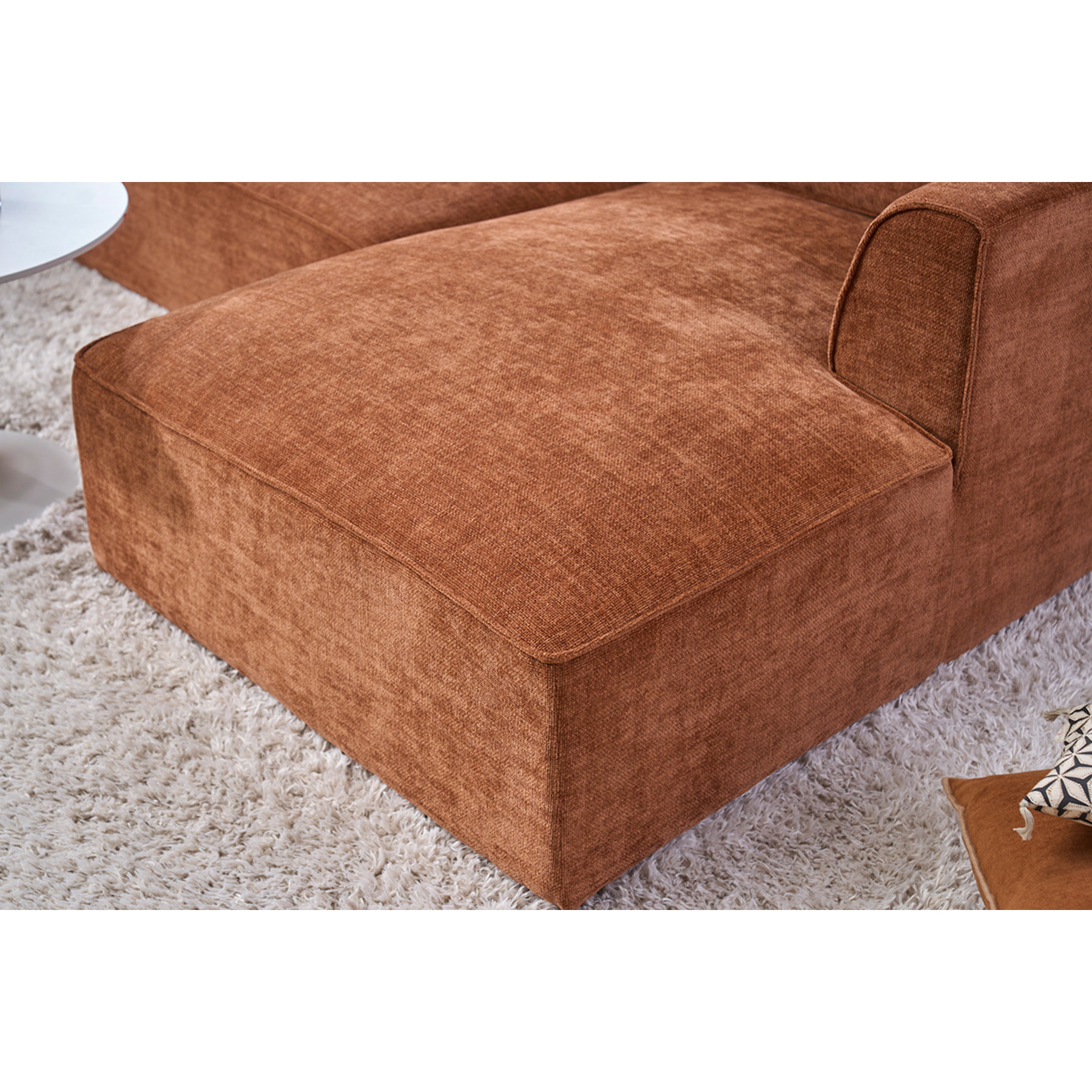 Canapé d'angle gauche design en tissu effet velours texturé terre brûlée 3 places GRAMMY