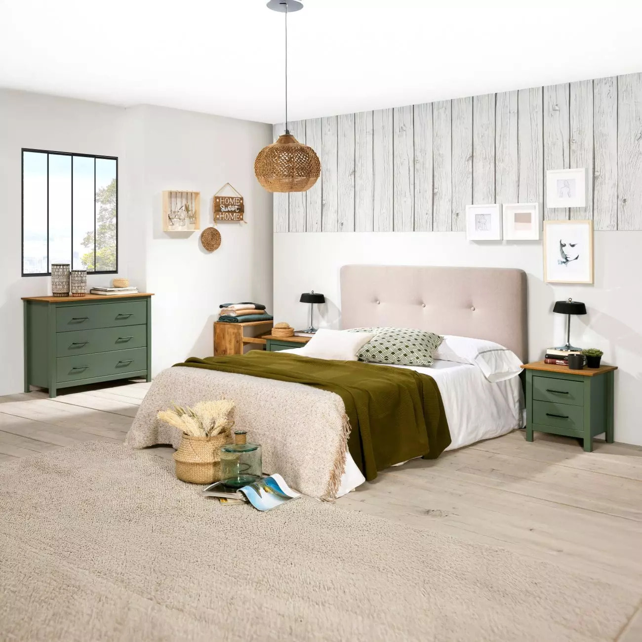 Cómoda de 3 cajones resistente y funcional en green moss y oak 100x80 cm Eira Green Moss - Oak