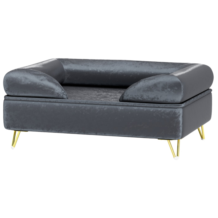 Canapé pour chien design - dim. 76L x 53,5l x 34H cm - piètement épingle métal doré velours gris