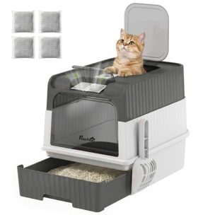 Maison de toilette chat - couvercle, trappe, plateau coulissant, accessoires - blanc gris