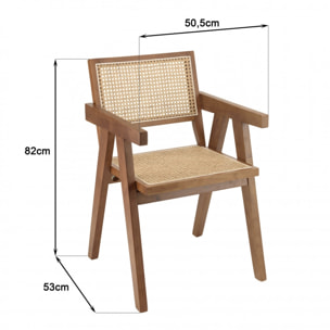 ALBANE- Fauteuil en bois d'Hévéa foncé dossier et assise rotin naturel